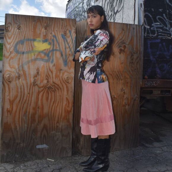 Ella Moss Pink Velvet Pleated Midi Skirt- 4 - Picture 3 of 8